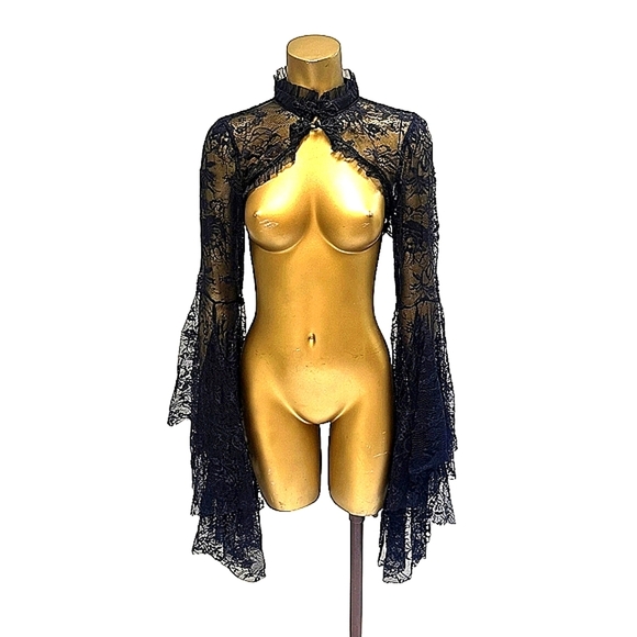 Widow Sweaters - Dolls Kill Widow Gothic Black Lace  Shrug Crop Cardigan Top Flare Sleeves Tassel
